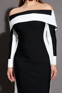 Mattey Off-The-Shoulder Long Sleeves Stripes Bandage Midi Dress