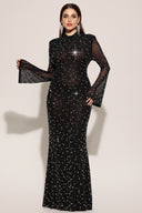 Eurien Gerdanlıklı Uzun Kollu Elmas Desenli Maksi Elbise