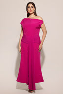 Paulina Oblique Shoulder Sleeveless Folds RosePink Midi Dress