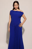Paulina Oblique Shoulder Sleeveless Folds RoyalBlue Midi Dress