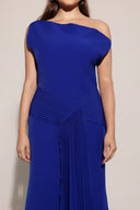 Paulina Oblique Shoulder Sleeveless Folds RoyalBlue Midi Dress