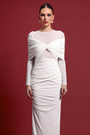 Ingrid Elegant Contour Ruched Mesh Layered Knit Maxi Dress