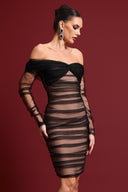Gracie Sexy Contour Off Shoulder Ruched Mesh Bandage Midi Dress