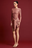 Habiba Chic Contour Long Sleeve Knot Brown Mini Dress