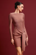 Habiba Chic Contour Long Sleeve Knot Brown Mini Dress