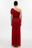 Naida Elegant Contour One Shoulder Ruched Crystal Maxi Dress