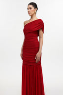 Naida Elegant Contour One Shoulder Ruched Crystal Maxi Dress