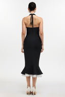 Miranda Romantic Contour Halter Button Front Lace Trim Bandage Midi Dress