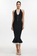 Miranda Romantic Contour Halter Button Front Lace Trim Bandage Midi Dress