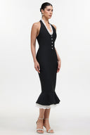 Miranda Romantic Contour Halter Button Front Lace Trim Bandage Midi Dress