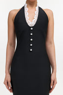 Miranda Romantic Contour Halter Button Front Lace Trim Bandage Midi Dress