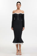 Lousia Romantic Contour Off Shoulder Button Front Lace Trim Bandage Midi Dress