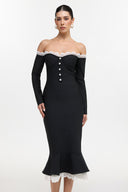 Lousia Romantic Contour Off Shoulder Button Front Lace Trim Bandage Midi Dress