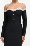 Lousia Romantic Contour Off Shoulder Button Front Lace Trim Bandage Midi Dress