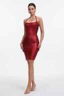Halter Metallic Bandage Dress - Dark Red
