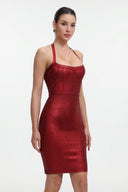 Halter Metallic Bandage Dress - Dark Red