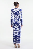 Round Neck Long Sleeve Jacquard Bandage Maxi Dress