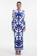 Round Neck Long Sleeve Jacquard Bandage Maxi Dress
