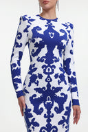 Round Neck Long Sleeve Jacquard Bandage Maxi Dress