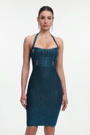 Halter Metallic Bandage Dress - Dark Blue