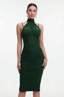 Derya Elegant Contour Halter Mesh Bandage Midi Dress
