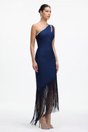 Fanya Elegant Contour One Shoulder Rhinestone Fringe Maxi Dress
