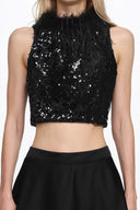Chic Contonur Sleeveless Feather Sequin Velvet Top and Satin Skirt Set