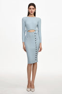 Viomo Chic Contour Round Neck Long Sleeve Buttoned Knit Midi Dress