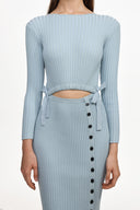 Viomo Chic Contour Round Neck Long Sleeve Buttoned Knit Midi Dress