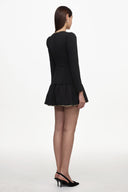Winnie Chic Tailored V Neck Long Sleeve Gold-Trimmed Bow Ruffle Woven Mini Dress