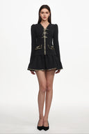 Winnie Chic Tailored V Neck Long Sleeve Gold-Trimmed Bow Ruffle Woven Mini Dress