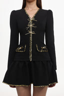 Winnie Chic Tailored V Neck Long Sleeve Gold-Trimmed Bow Ruffle Woven Mini Dress