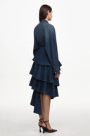 Imola Chic Flowy Long Sleeve Asymmetric Ruffle Denim Top And Skirt Set