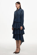 Imola Chic Flowy Long Sleeve Asymmetric Ruffle Denim Top And Skirt Set