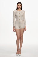 Geralynne Classic Tailored Round Neck Long Sleeve Buttoned Woven Mini Jumpsuit