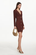 Davo Classic Contour V Neck Long Sleeve Buttoned Knit Mini Dress