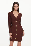Davo Classic Contour V Neck Long Sleeve Buttoned Knit Mini Dress