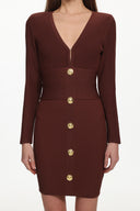 Davo Classic Contour V Neck Long Sleeve Buttoned Knit Mini Dress
