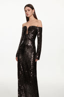 Savier Chic Contour Off Shoulder Long Sleeve Sequin Maxi Dress