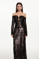 Savier Chic Contour Off Shoulder Long Sleeve Sequin Maxi Dress