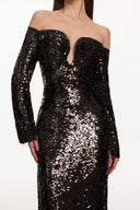 Savier Chic Contour Off Shoulder Long Sleeve Sequin Maxi Dress