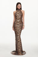 Myka Glamorous Contour Halter Leopard Print Sequin Maxi Dress