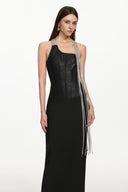 Fero Chic Contour One Shoulder Metal Fringe Bandage Maxi Dress