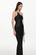 Fero Chic Contour One Shoulder Metal Fringe Bandage Maxi Dress