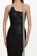 Fero Chic Contour One Shoulder Metal Fringe Bandage Maxi Dress