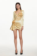 Ridia Romantic Tailored Long Sleeve Pleated Polka Dot Floral Mini Dress