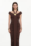 Devere Elegant Contour Sleeveless Ruched Knit Brown Maxi Dress