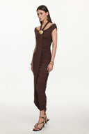Devere Elegant Contour Sleeveless Ruched Knit Brown Maxi Dress