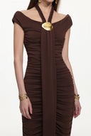 Devere Elegant Contour Sleeveless Ruched Knit Brown Maxi Dress