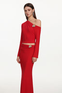 Fayie Romantic Contour One Shoulder Long Sleeve Floral Hardware Top and Skirt Set